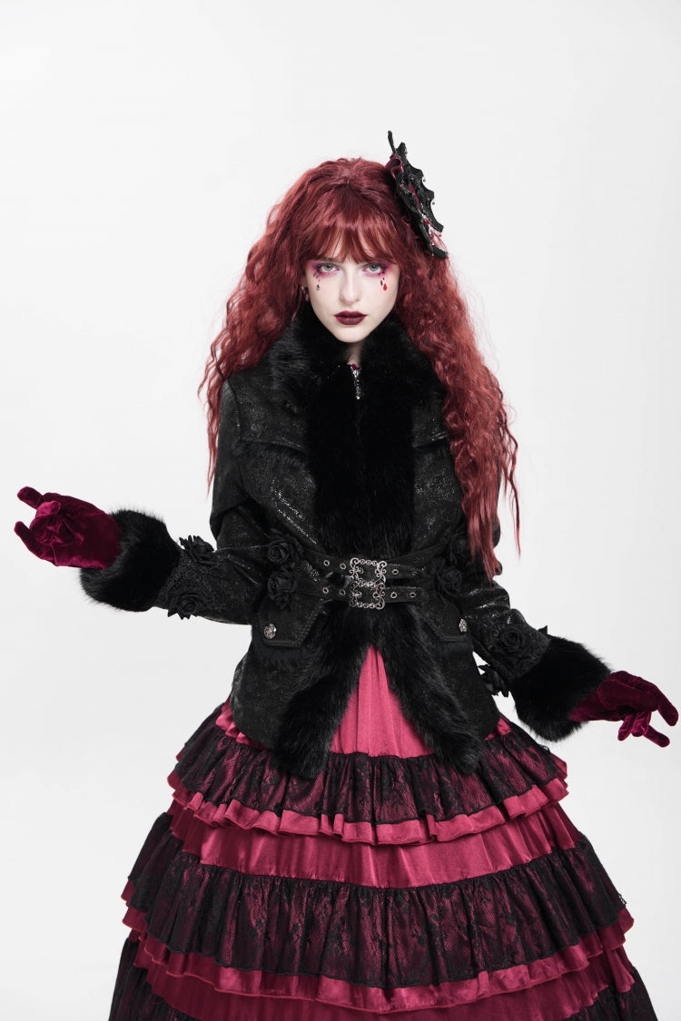Victorian Gothic Coat with Rose Floral Embroidery and Buckle Straps, Long Sleeve