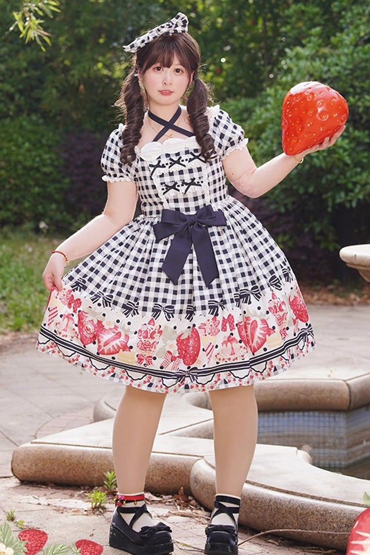 Strawberry-Plaid Sweet Lolita Dress with Bow Accents