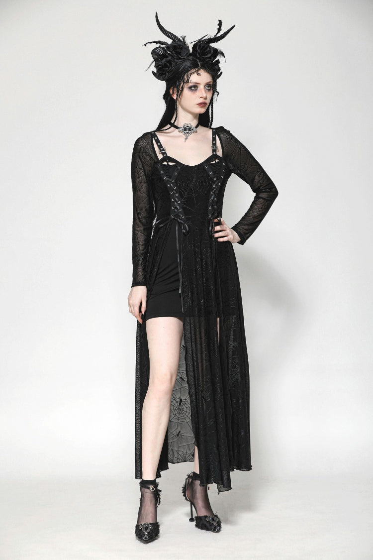Elegant Witch Long Dress with Spiderweb Lace-Up and Extended Sleeves