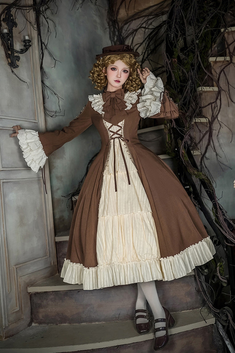 Sweet Lolita Dress Set with Trumpet Sleeves and Bowknot Lace-Up