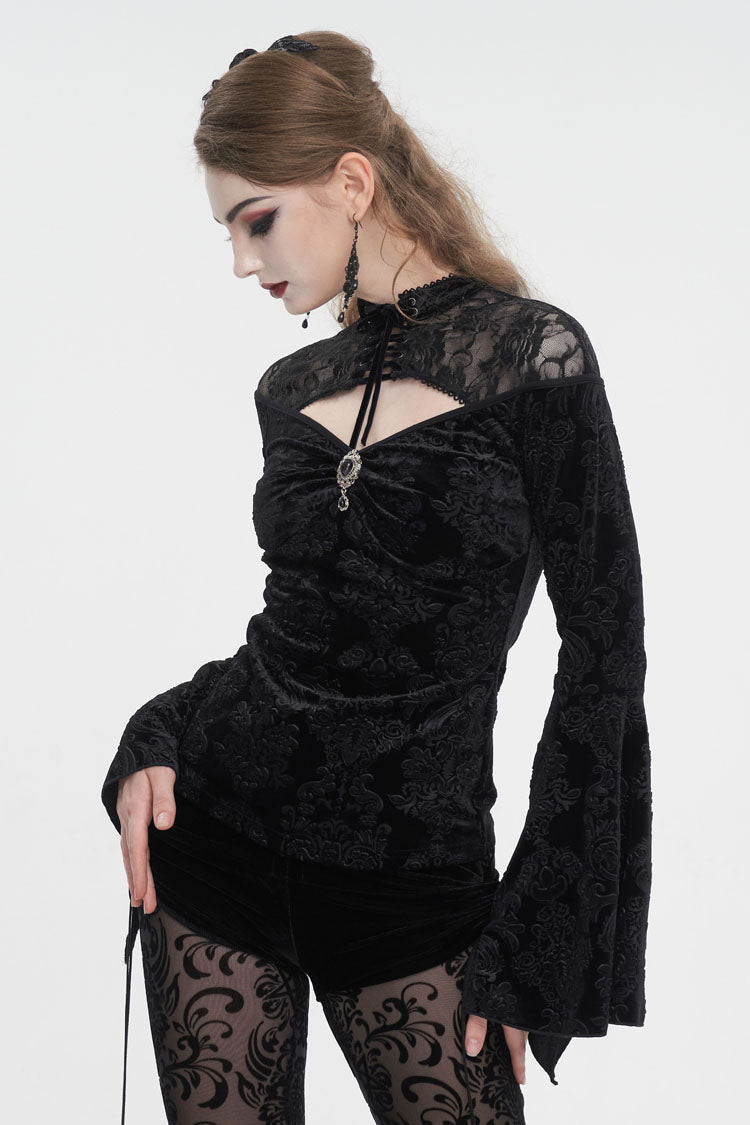Gothic Shirt with Cutout Round Collar Flared Sleeves and Embossed Floral