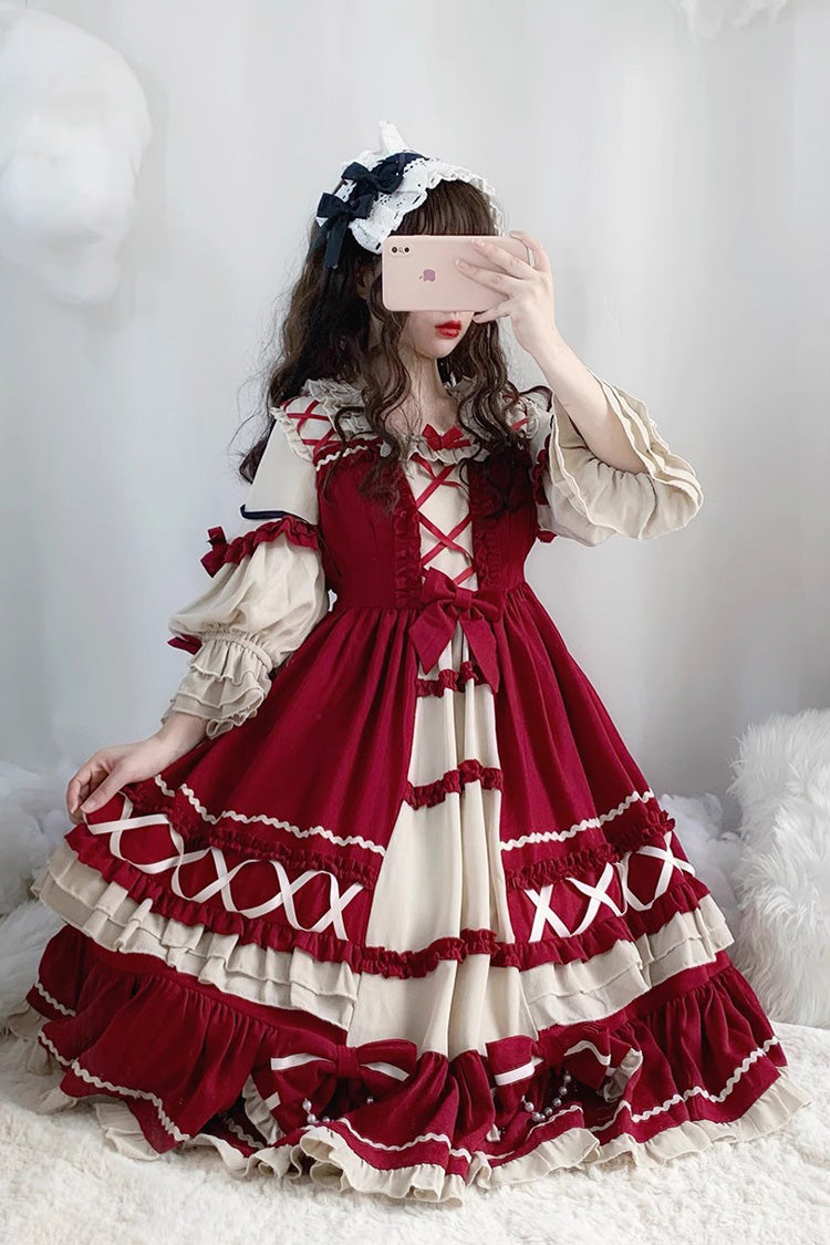 Wine Long-Sleeve Bow Ruffle Sweet Lolita One-Piece