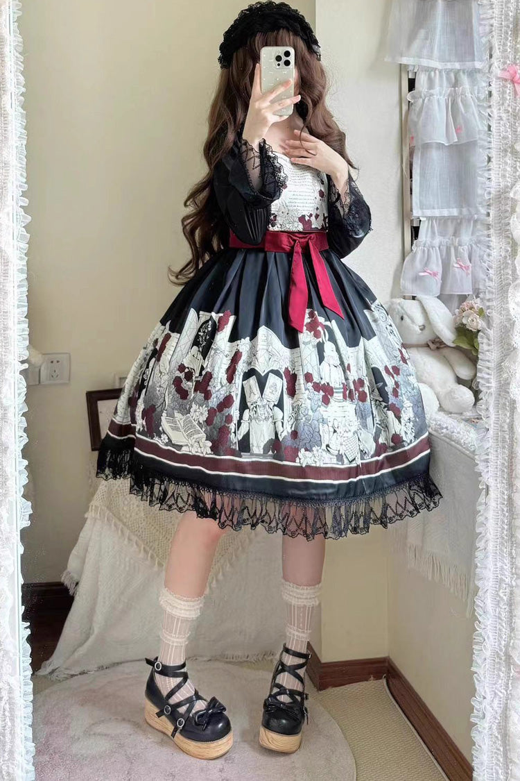 Print Bow Lace Gothic Dress - Alice of the Asylum