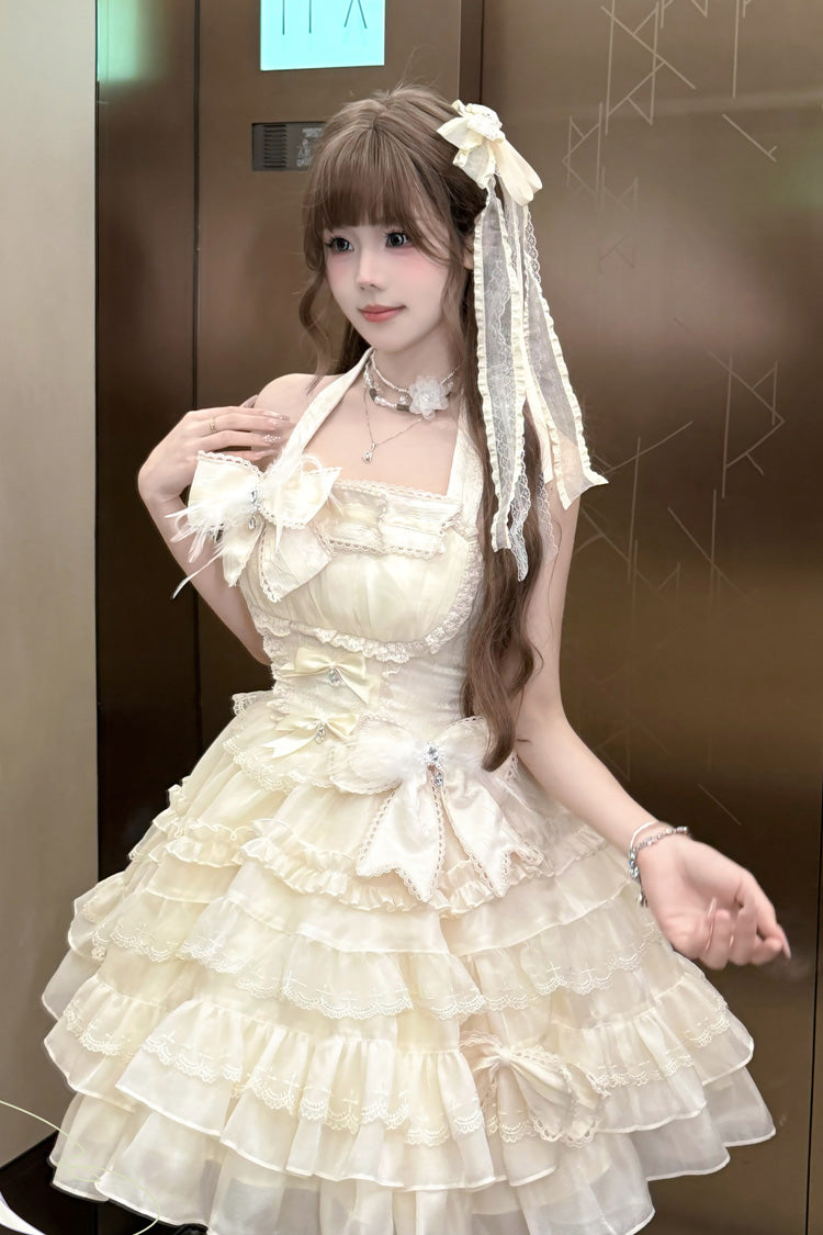 Swan Overture Halterneck Sleeveless Multi-Layered Ruffle Bowknot Lace Sweet Lolita Dress