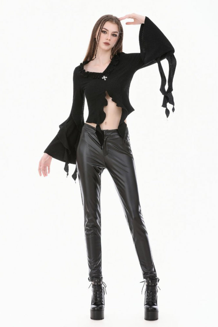 Women's Gothic Crop Top with Ruffled V-Neck, Split Trumpet Sleeves and Streamer