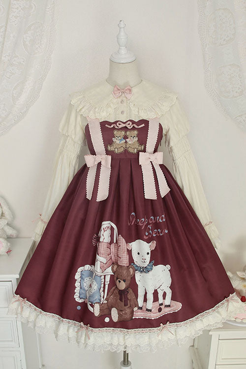 Burgundy Sheep and Bear Motif Alice Girl Bow Ruffle Sweet Lolita Jumper Dress