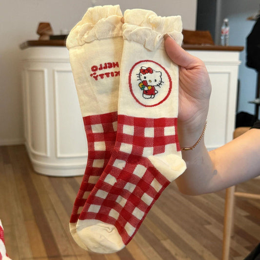 Cartoon Plaid Bubble Lace Kitty Tube Socks