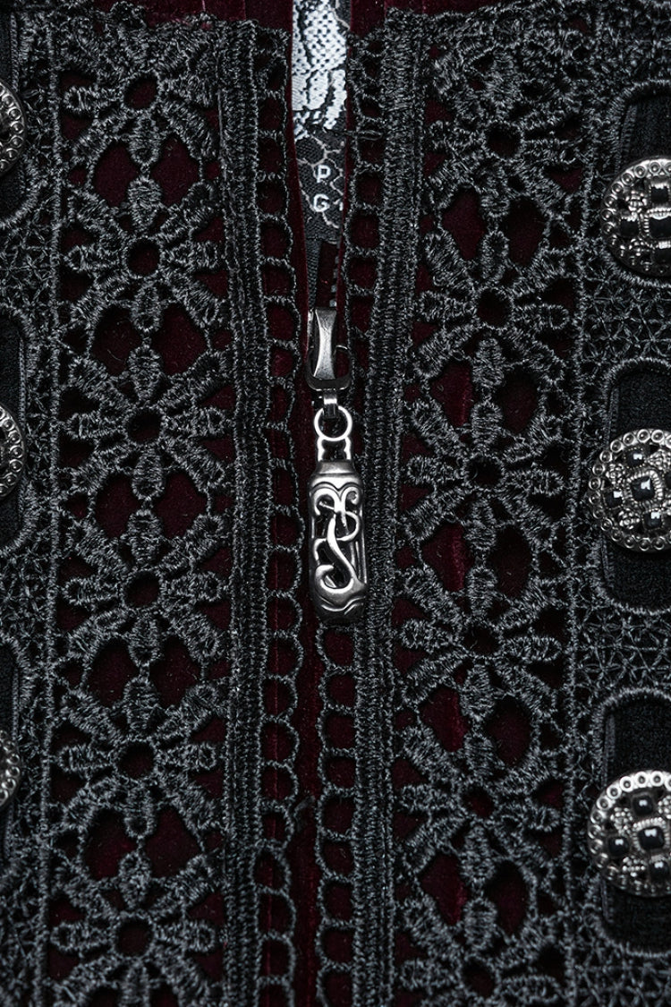 Crimson Noir Floral Embroidered Puff-Sleeve Women's Gothic Overcoat