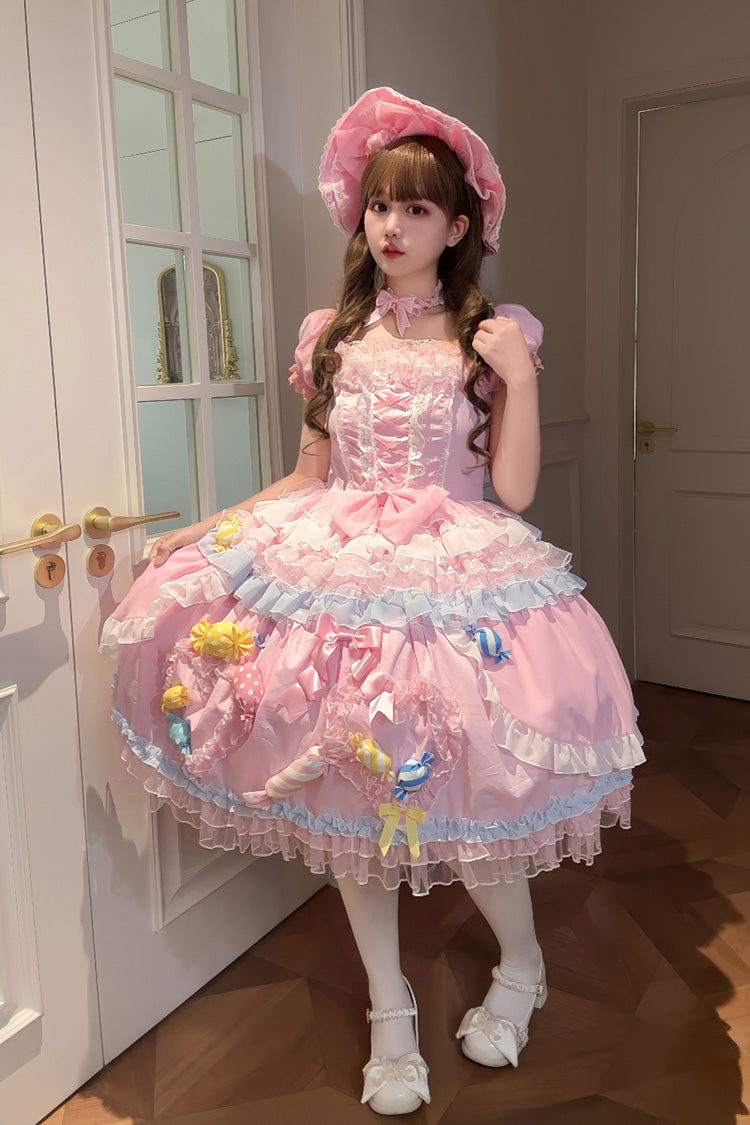 Candy Party Short-Sleeve Multi-Layer Ruffle Bow Lace-Up Lolita Dress