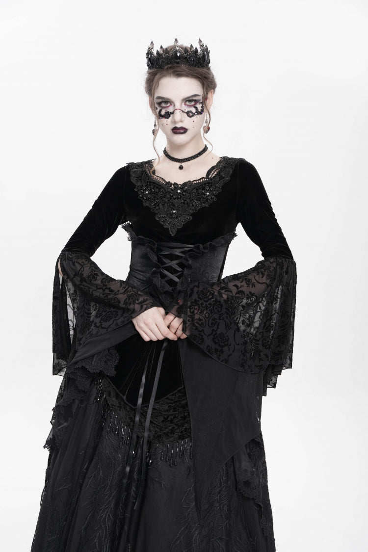 Beaded Pleated Gothic Blouse with Lace-Up Front and Extended Sleeves
