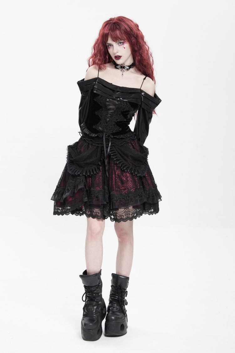Crimson & Noir Multi-Layer Ruffled Buckle Strap Gothic Skirt