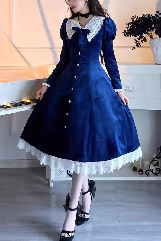 Vintage Lapel Collar Long Sleeves Ruffle Bowknot Elegant Lolita Dress in 3 Colors