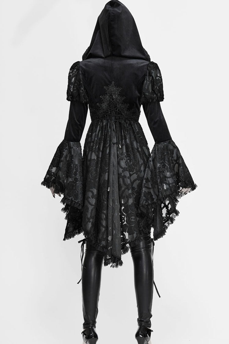 Gothic Velvet Hooded Coat with Metal Buttons, Lace Cuffs & Chest Decals