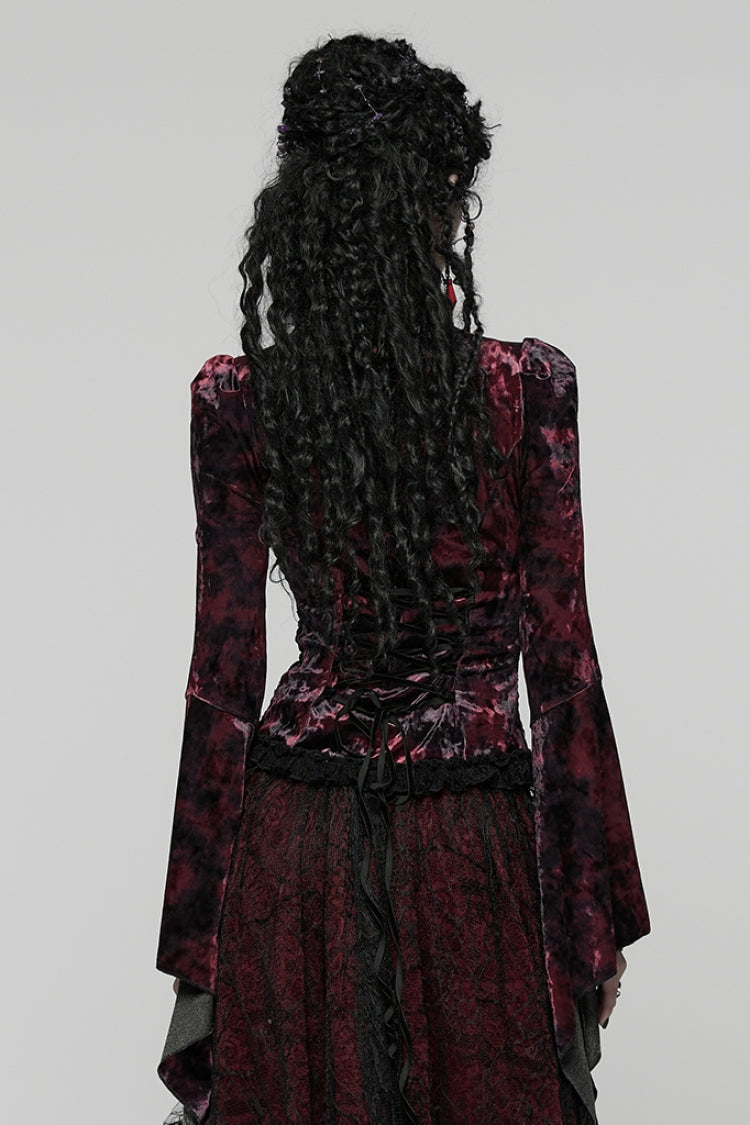 Crimson & Noir Long Flared Sleeve Paneled Lace-Up Gothic Blouse