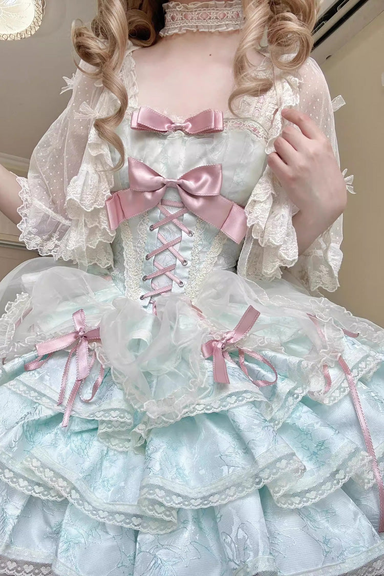Emerald Sleeveless Multi-Layer Ruffle Bow Lace-Up Sweet Princess Lolita JSK