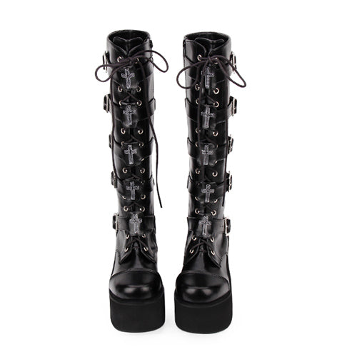 Long Gothic Lolita Boots in Patent Leather with Cross and Lace-Up Detail