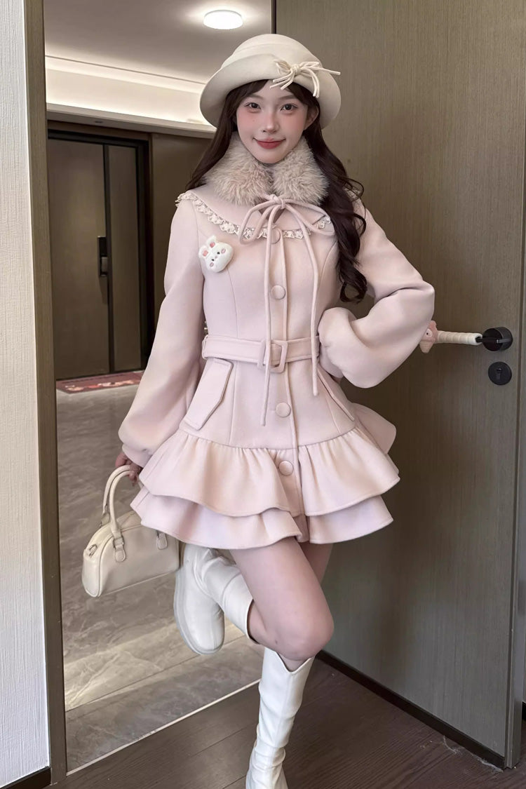 Berry Champagne Doll Collar Wool-Blend Coat, Long Sleeves Double-Layered Ruffled