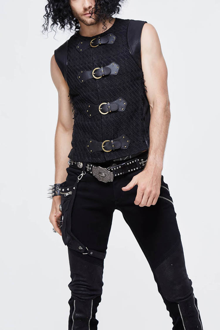 Men's Punk Waistcoat with Coarse Woolen Texture and Leather Loop Patchwork