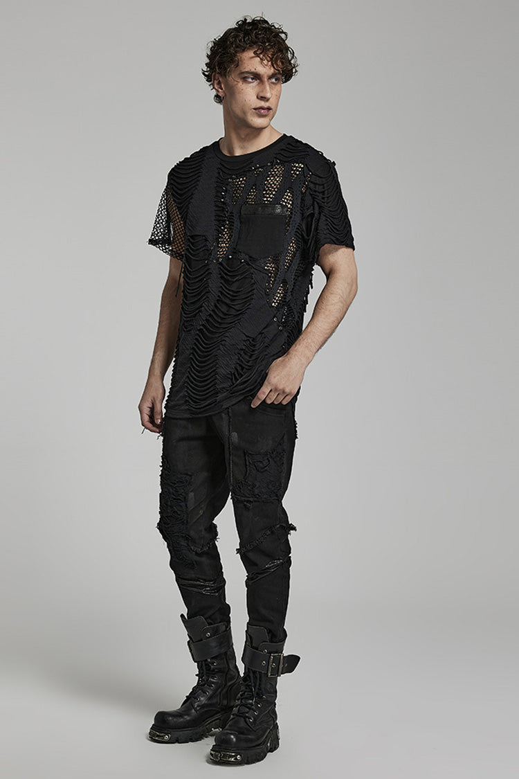 Distressed Mesh-Stitch T-Shirt with Ripped Details