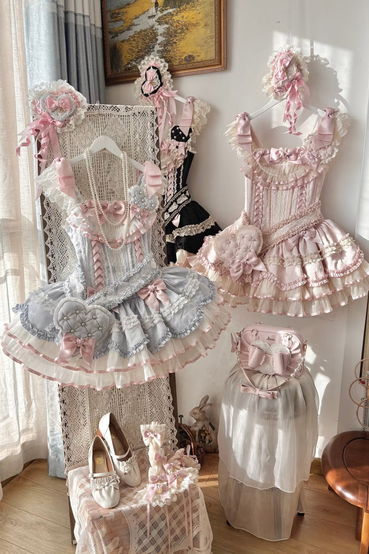 Azure Triple Ruffled Bow Lace-Up Slim Ballet Sweet Lolita Outfit
