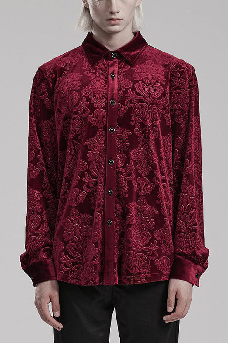 Gothic Men's Velvet Blouse with Embossed Print - Long Sleeve - Dual Colors