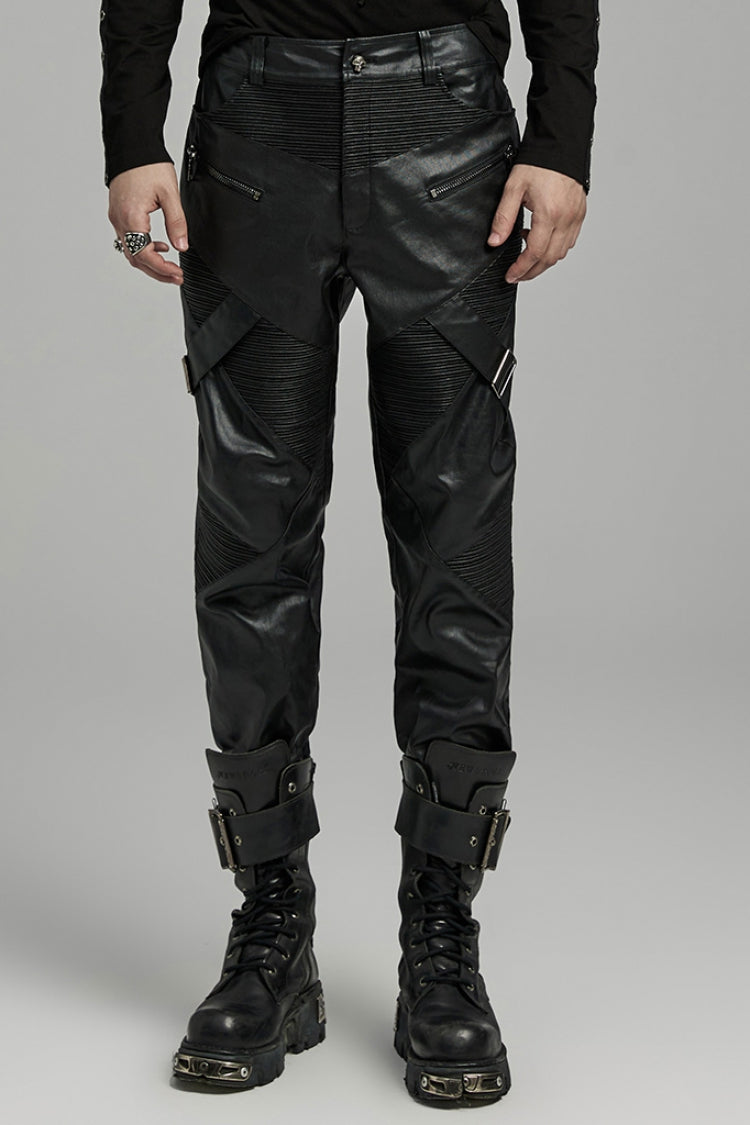 Men's Punk Faux Leather Trousers with Zippers - Noir