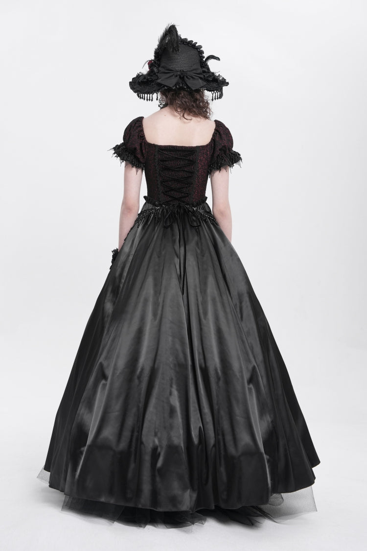 Crimson & Noir Off-Shoulder Embroidered Stitched Lace Gothic Dress