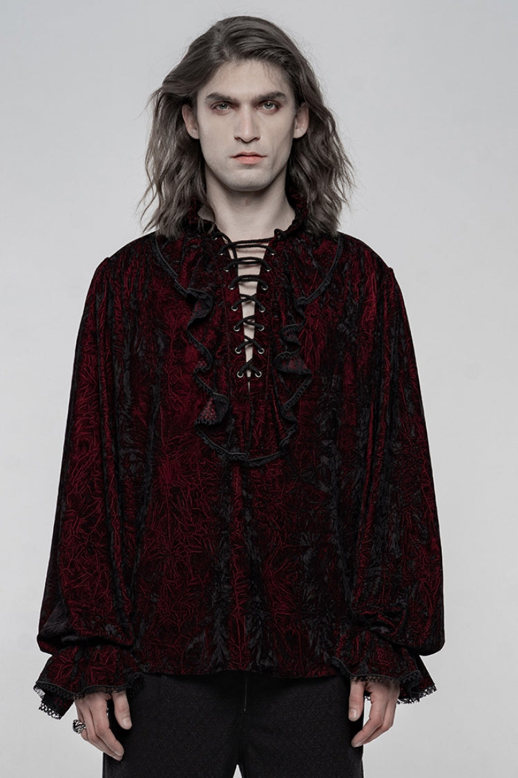 Crimson & Noir Long Sleeve Ruffled Lace-Up Men's Gothic Blouse