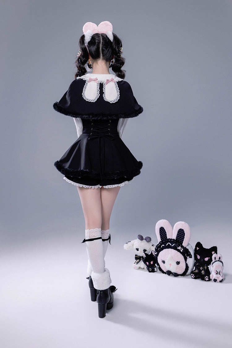 Jirai Kei Long-Sleeve Lace-Up Set with Ruffle Bow and Plush Shorts, Japanese Style
