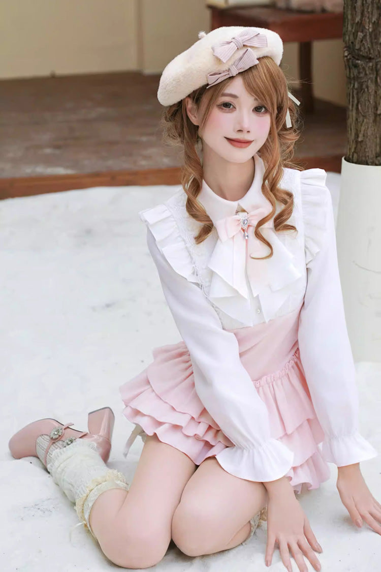 Cherry Blossom Snow Lapel Long-Sleeve Triple Ruffle Bow Faux Two-Piece Lolita Dress
