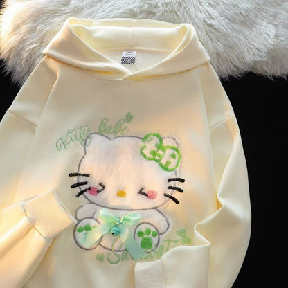 Pull à capuche avec petites oreilles brodées et motif chat KI589