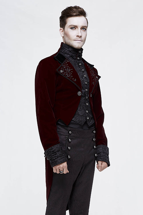 Wine Embroidered Rivet Dovetail Gothic Men's Coat