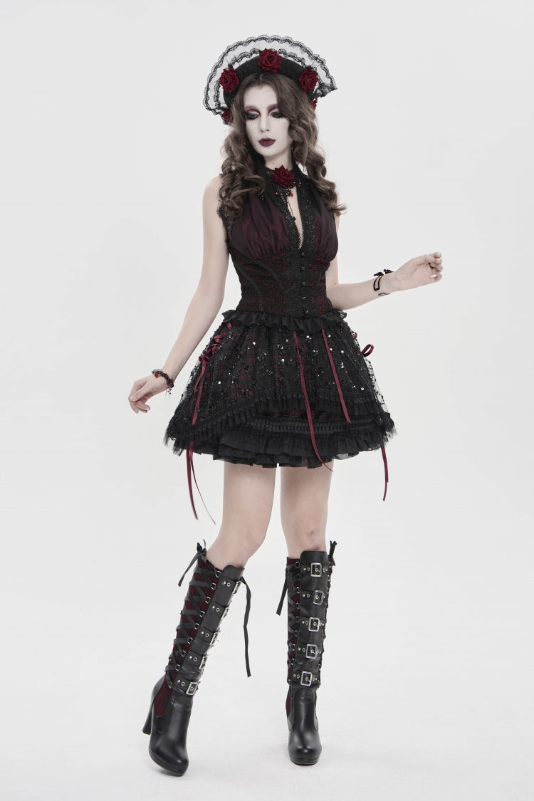 Crimson & Noir Multi-Layer Lace-Up Gothic Skirt