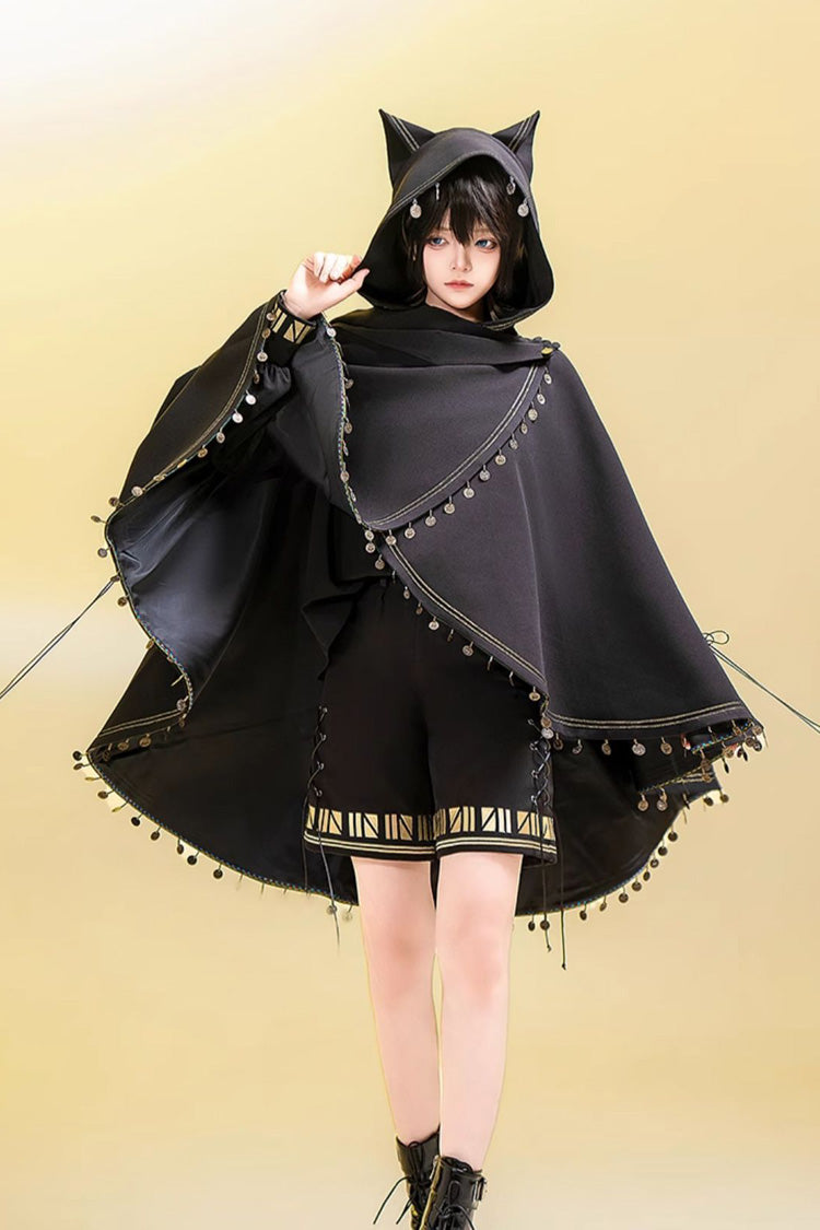 Hooded Ouji Gothic Cloak with Cat Ears Embroidery - Black Cat