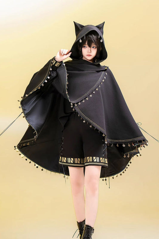 Hooded Ouji Gothic Cloak with Cat Ears Embroidery - Black Cat