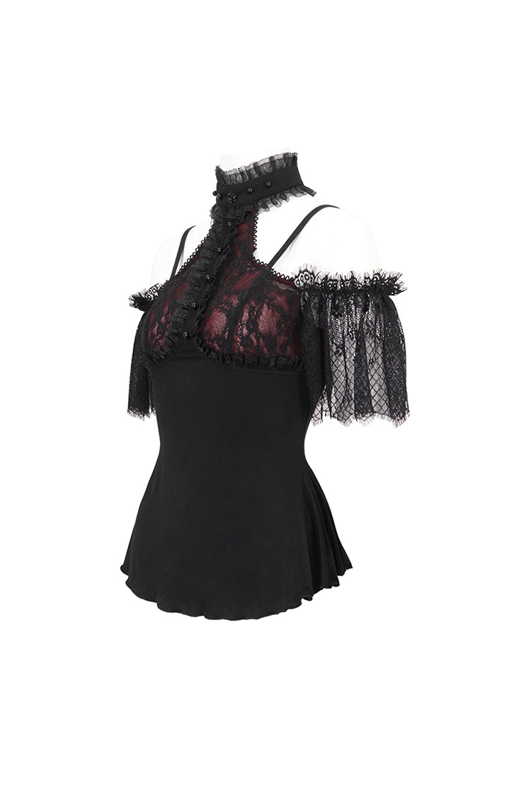 Crimson & Noir Off-Shoulder Lace Round Collar Panel Gothic Shirt