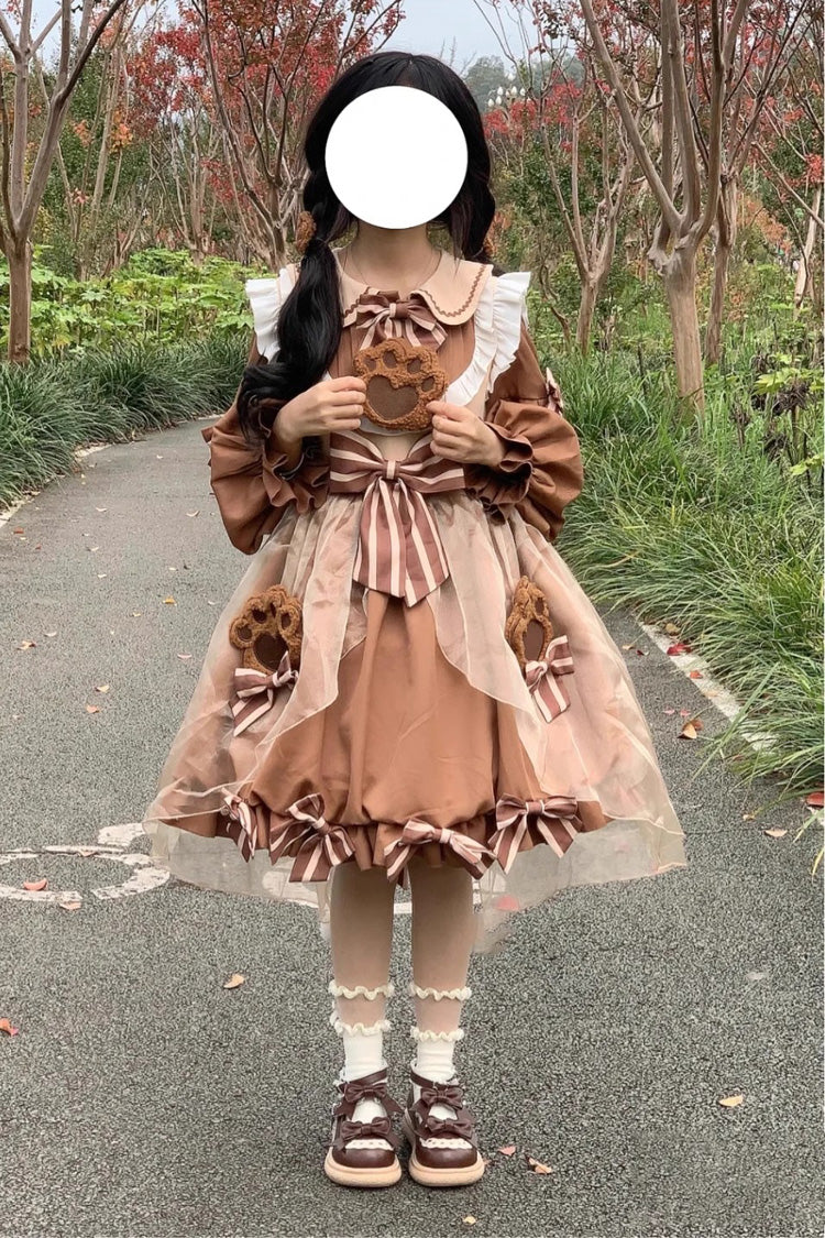 Sweet Lolita Dress with Bear, Long Sleeves, High Waisted Ruffle Bowknot in 3 Colors
