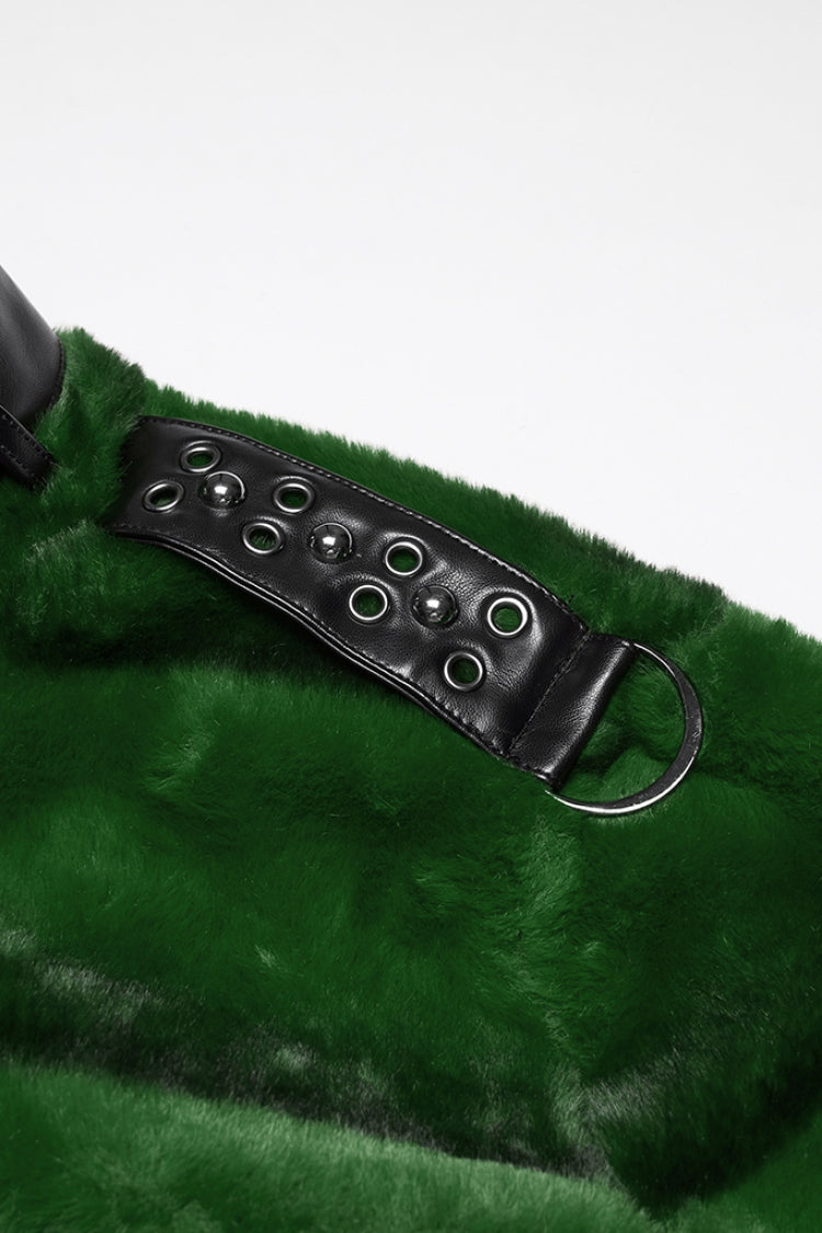 Emerald Stand Collar Long Sleeve Buckle Straps Faux Fur Punk Short Cloak for Women