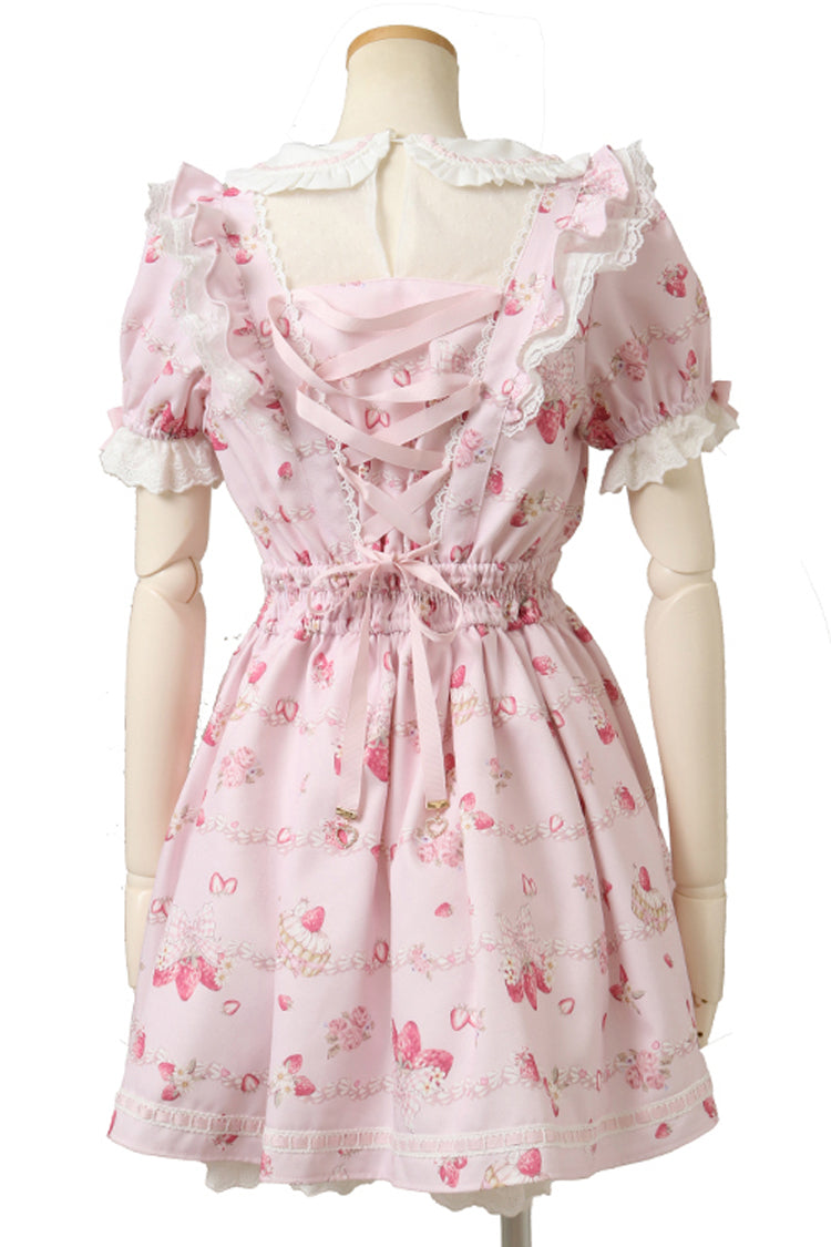 Creamy Berry Print Short Puff Sleeve Ruffle Lace-Up Jirai Kei Dress