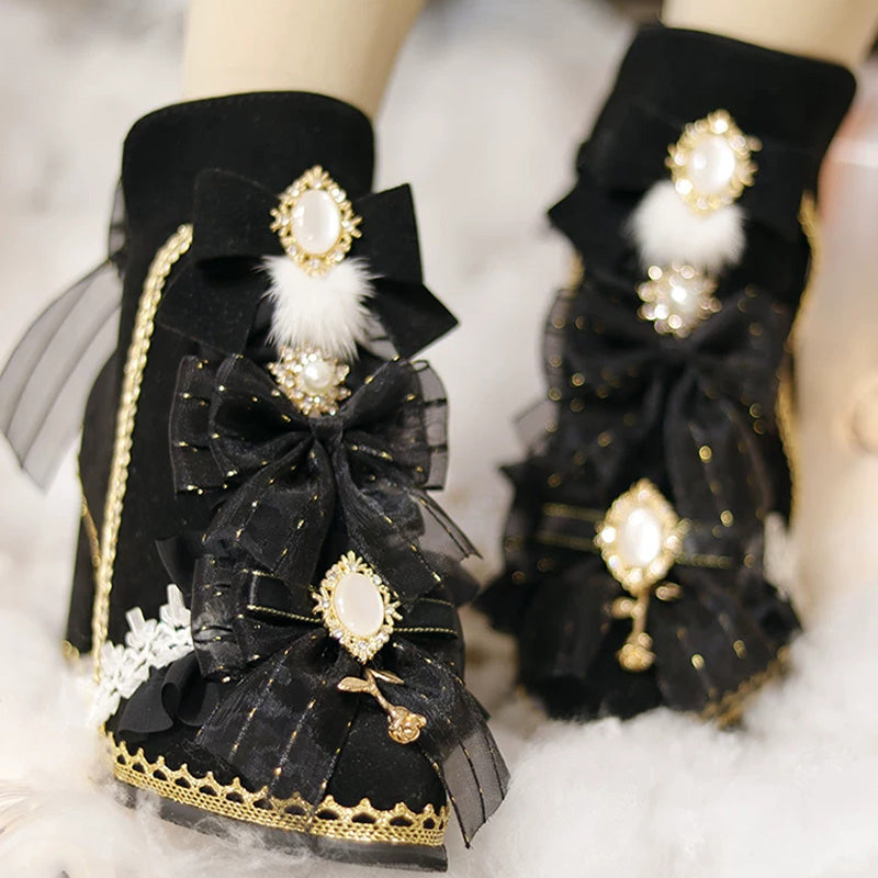 Sweet Luxurious Lolita Ankle Boots with Chunky Heel and Pom-Pom Bow Pearl Detail