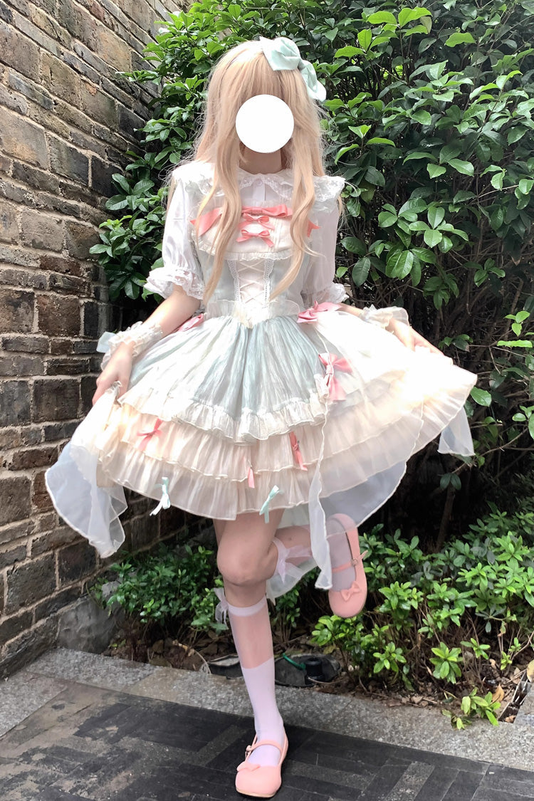 Emerald Camellia Love Sleeveless Triple Ruffle Bow Lace Sweet Princess Lolita Jumper