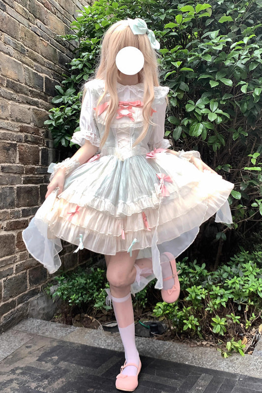 Emerald Camellia Love Sleeveless Triple Ruffle Bow Lace Sweet Princess Lolita Jumper