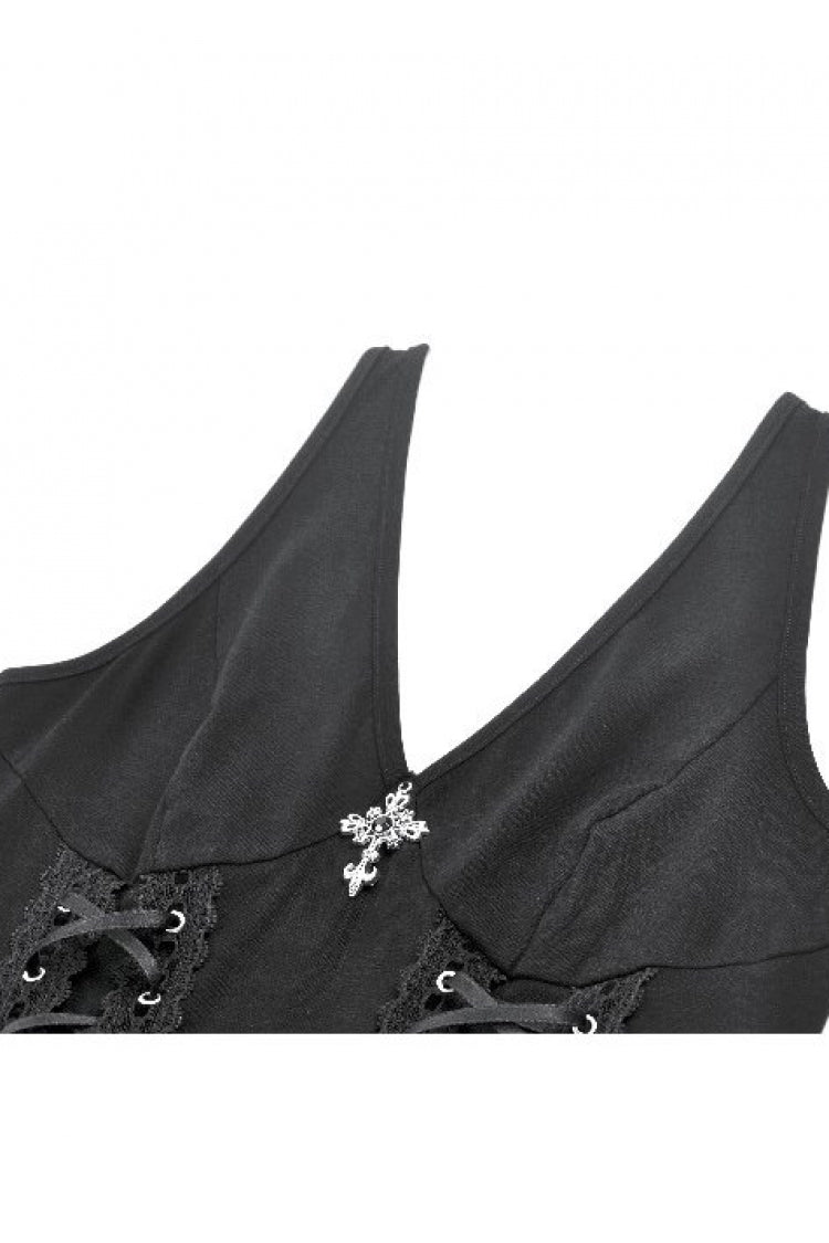 Women's Gothic Short Dress with Plunging Neck, Side Corset and Cross Lace-Up