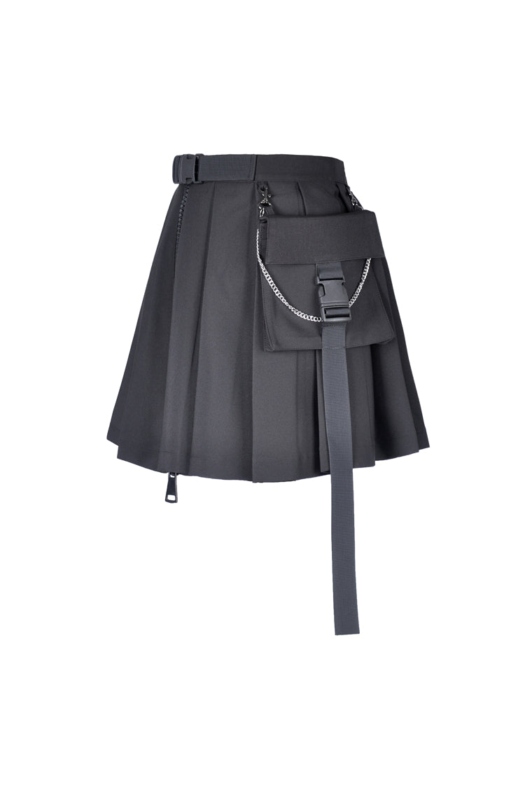 Zippered Pleated Punk Mini Skirt with Side Bag