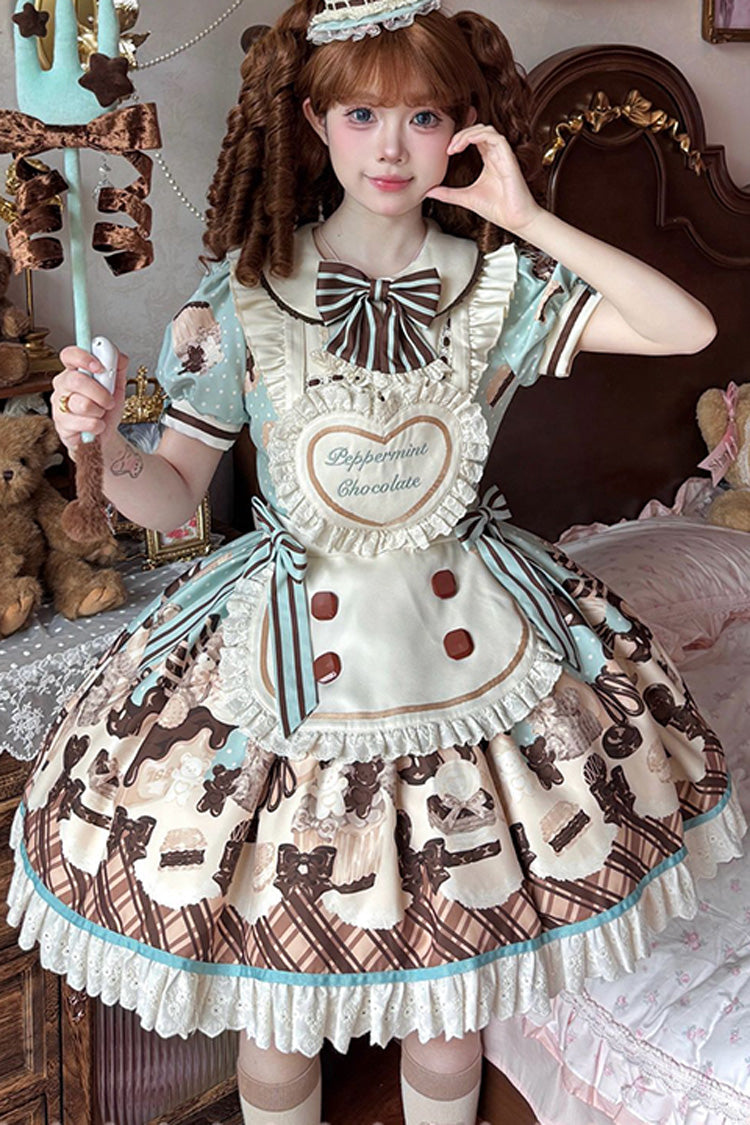 Sweet Lolita Dress with Chocolate Cake Bear Print and Lace-Up