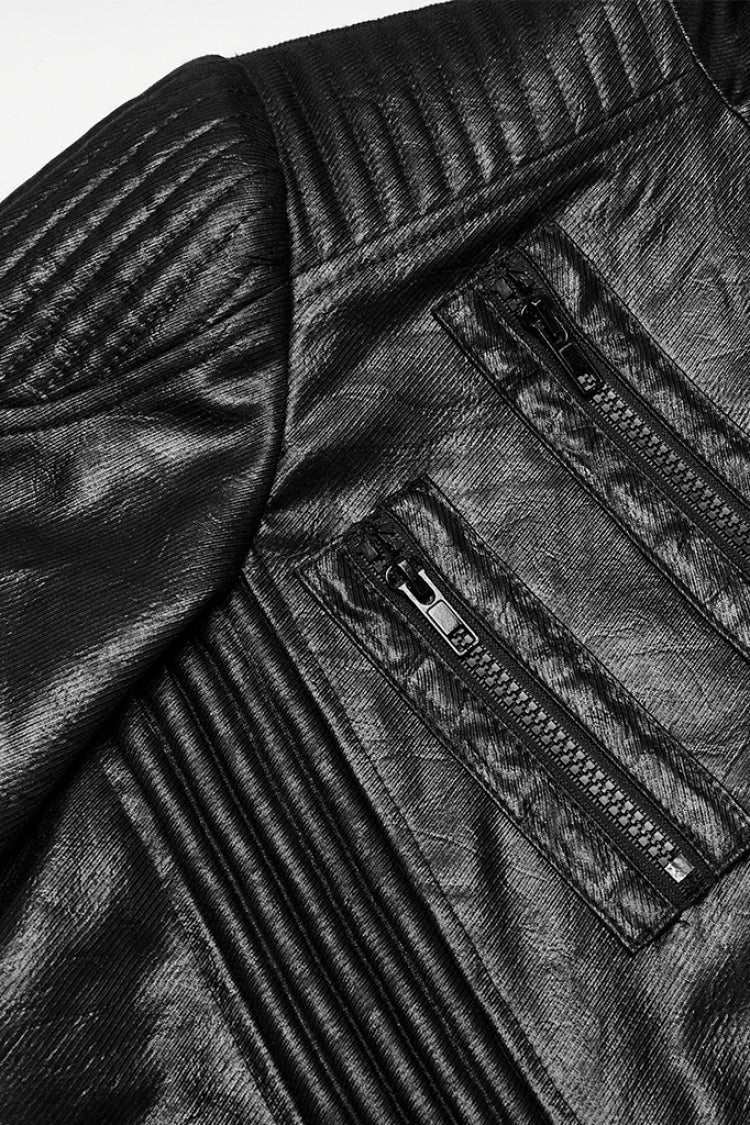 Men's Punk Coat with Ruched Faux Leather, Hooded and Detachable, Long Sleeve