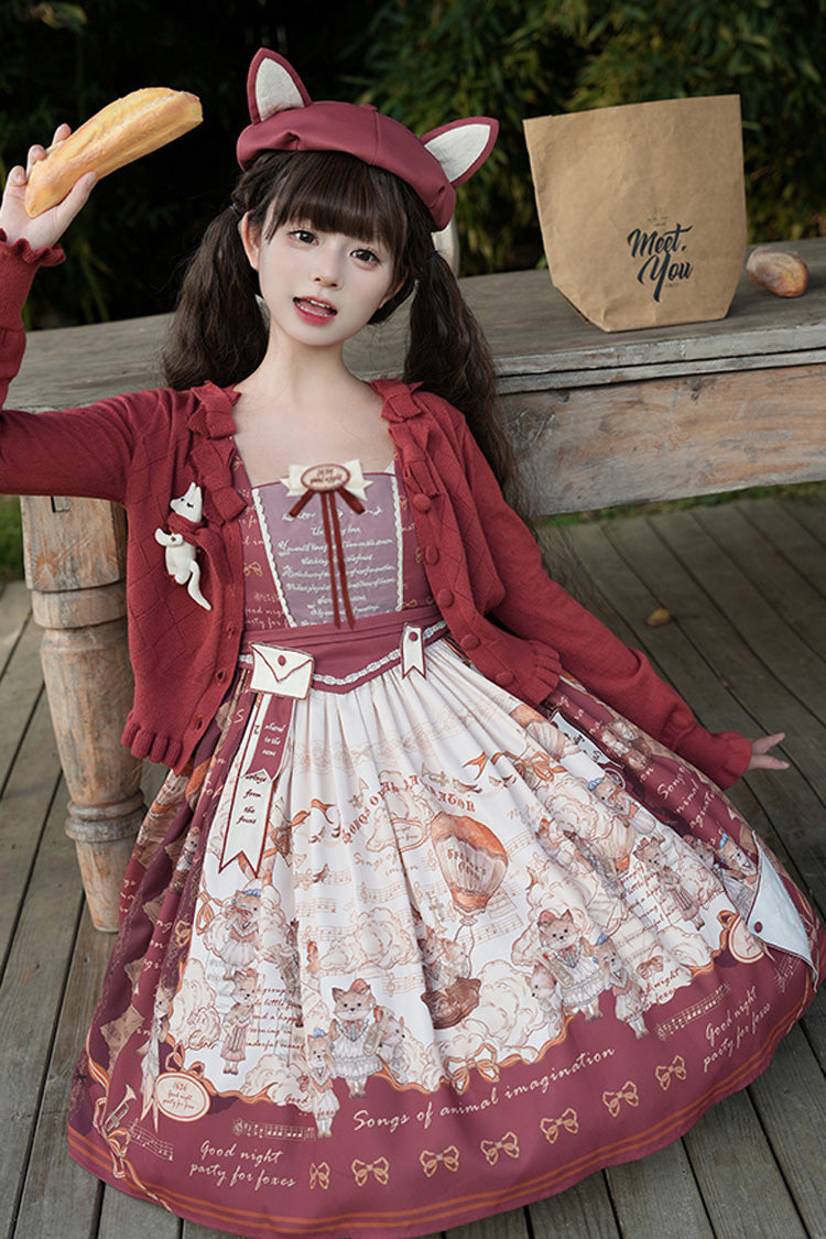Burgundy Fox Band Print Square Collar Bow Classic Lolita Jumper Dress