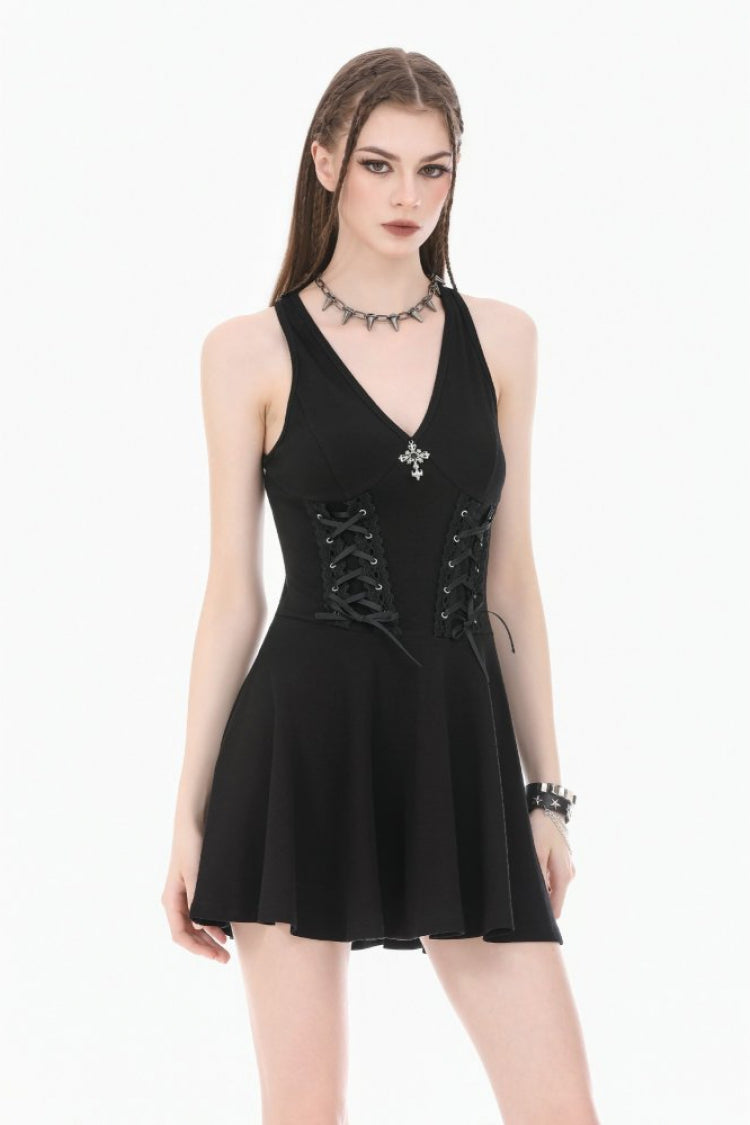 Women's Gothic Short Dress with Plunging Neck, Side Corset and Cross Lace-Up