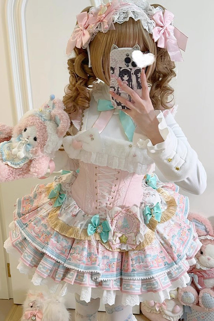 Candy House Multi-Layer Print Ruffle Bow Lace-Up Ballet Lolita JSK