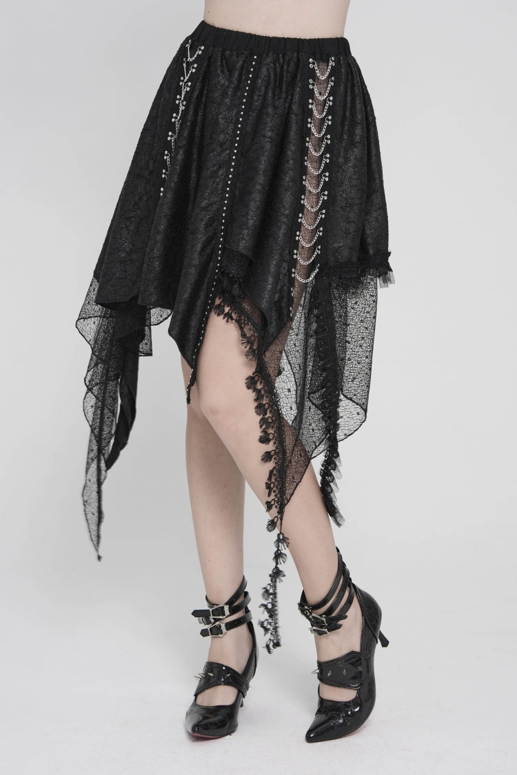 Punk Streamer Skirt with Irregular Hem and Chain Accents